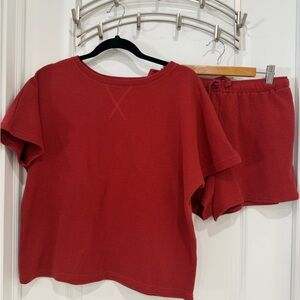 Zesica Brick Red Waffle Knit Loungewear Set
